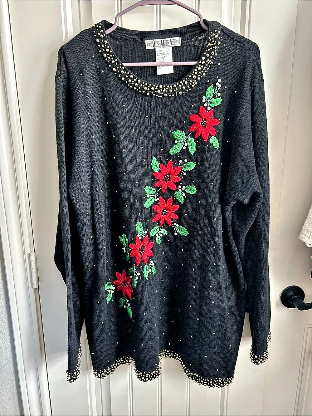 OHI Floral Embroidered Beaded Holiday Mistletoe Sweater Dress Black